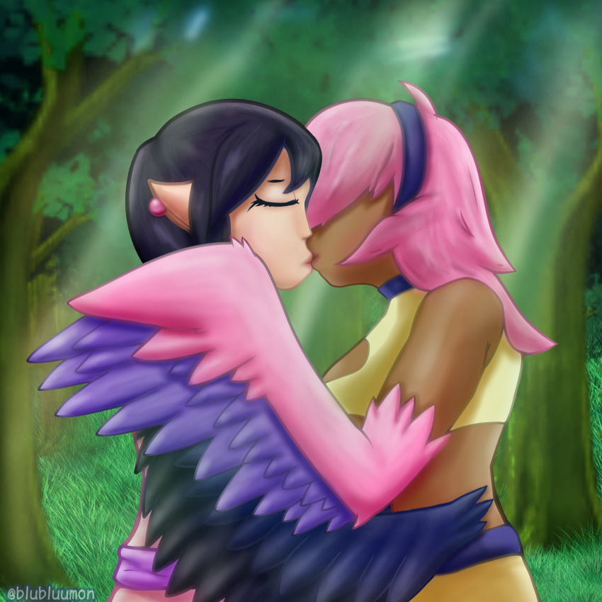 avian black_body black_feathers black_hair blubluumon breasts clothed clothing dress duo embrace european_mythology eyes_closed feathers female female/female forest greek_mythology hair harpy hi_res hug humanoid kissing mythological_avian mythology not_furry pink_body pink_feathers pink_hair plant tree wings