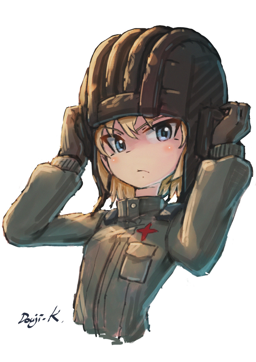 1girl adjusting_clothes adjusting_headwear artist_name bangs black_gloves black_headwear blonde_hair blue_eyes closed_mouth commentary cropped_torso frown girls_und_panzer gloves green_jumpsuit helmet highres jumpsuit katyusha_(girls_und_panzer) kuroneko_douji looking_at_viewer pravda_military_uniform short_hair signature simple_background solo tank_helmet upper_body white_background