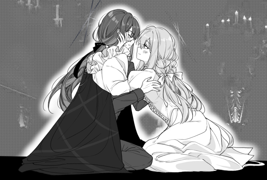 2girls arikalovesyou2 atsuko_(blue_archive) blue_archive blush cape closed_mouth commentary dress greyscale hair_ribbon hand_on_another's_face highres juliet_sleeves kneeling long_hair long_sleeves looking_at_another mask monochrome multiple_girls pants parted_lips phantom_of_the_opera puffy_sleeves ribbon saori_(blue_archive) smile swimsuit yuri