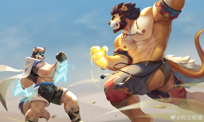 2boys abs absurdres alca animal_ears bara battle beard beenic black_hair black_shorts bulge cape chest_tattoo clothing_cutout commission crotchless crotchless_pants dog_boy dog_ears dog_tail duel facial_hair feet_out_of_frame fighting_stance flame_print flaming_hand frown furry furry_male goggles grey_fur gyee highres hood hooded_cape large_pectorals lion_boy lion_ears lion_tail male_focus mature_male multiple_boys muscular muscular_male nipples original pants pectorals shan_yao_jun short_hair shorts stomach tail tattoo thick_eyebrows thick_thighs thigh_cutout thighs tooth_necklace topless_male white_cape