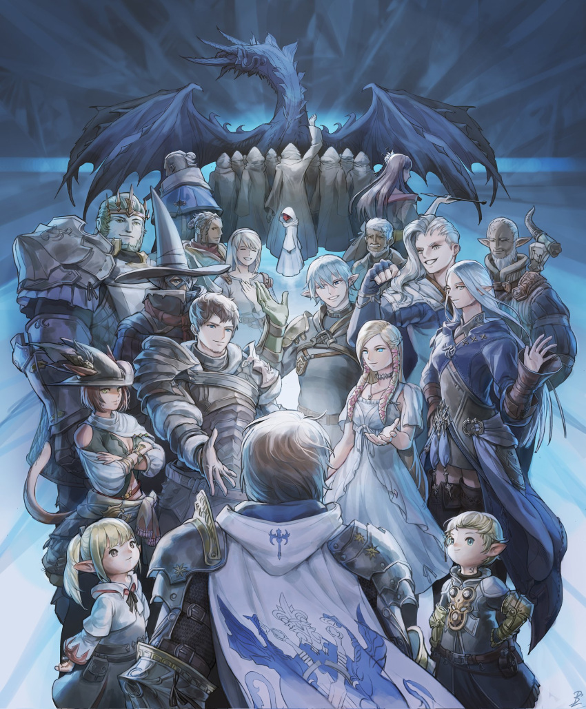 adventurer_(ff14) amaro_(ff14) ardbert_(ff14) armor boiled_egg27 branden_(ff14) cape cloak conrad_kemp elezen elf elidibus emet-selch final_fantasy final_fantasy_xiv from_behind haurchefant_greystone highres hyur ilberd_feare korean_commentary lalafell lamitt looking_at_another louisoix_leveilleur mask minfilia_warde miqo'te moenbryda_wilfsunnwyn nidhogg_(ff14) nyelbert papalymo_totolymo pointy_ears renda-rae smile tesleen yotsuyu_(ff14) ysayle_dangoulain