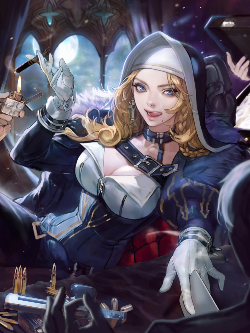 1girl ammunition blonde_hair blue_eyes braid breasts cigar cleavage cross cross_earrings earrings furyou_michi_~gang_road~ gang_road_joker gloves habit highres jewelry licking_lips lighter long_hair looking_at_another looking_to_the_side monable nun out_of_frame solo_focus tongue tongue_out