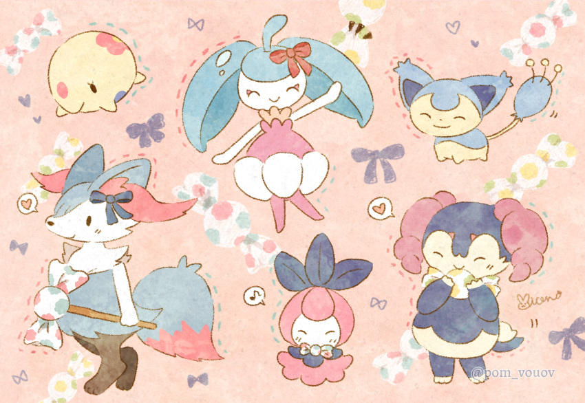 3girls ^_^ ahoge alternate_color animal_ear_fluff animal_ears animal_feet animal_nose arm_up black_eyes black_fur blue_bow blue_fur blue_hair blush body_fur bow braixen candy closed_eyes closed_mouth colored_skin commentary_request english_commentary food fox_ears fox_girl fox_tail full_body furry furry_female hair_bow hands_up happy heart holding holding_candy holding_food holding_wand indeedee indeedee_(female) light_blush long_hair mian_(user_kwcj2833) mixed-language_commentary monster_girl multicolored_skin multiple_girls munna musical_note notice_lines outstretched_arm partial_commentary petilil pink_background pink_horns pink_skin plant_girl pokemon pokemon_(creature) red_bow sheep_girl shiny_pokemon skitty smile snout solid_oval_eyes speech_bubble spoken_heart spoken_musical_note standing steenee tail twintails two-tone_fur two-tone_skin wand white_fur white_skin yellow_fur