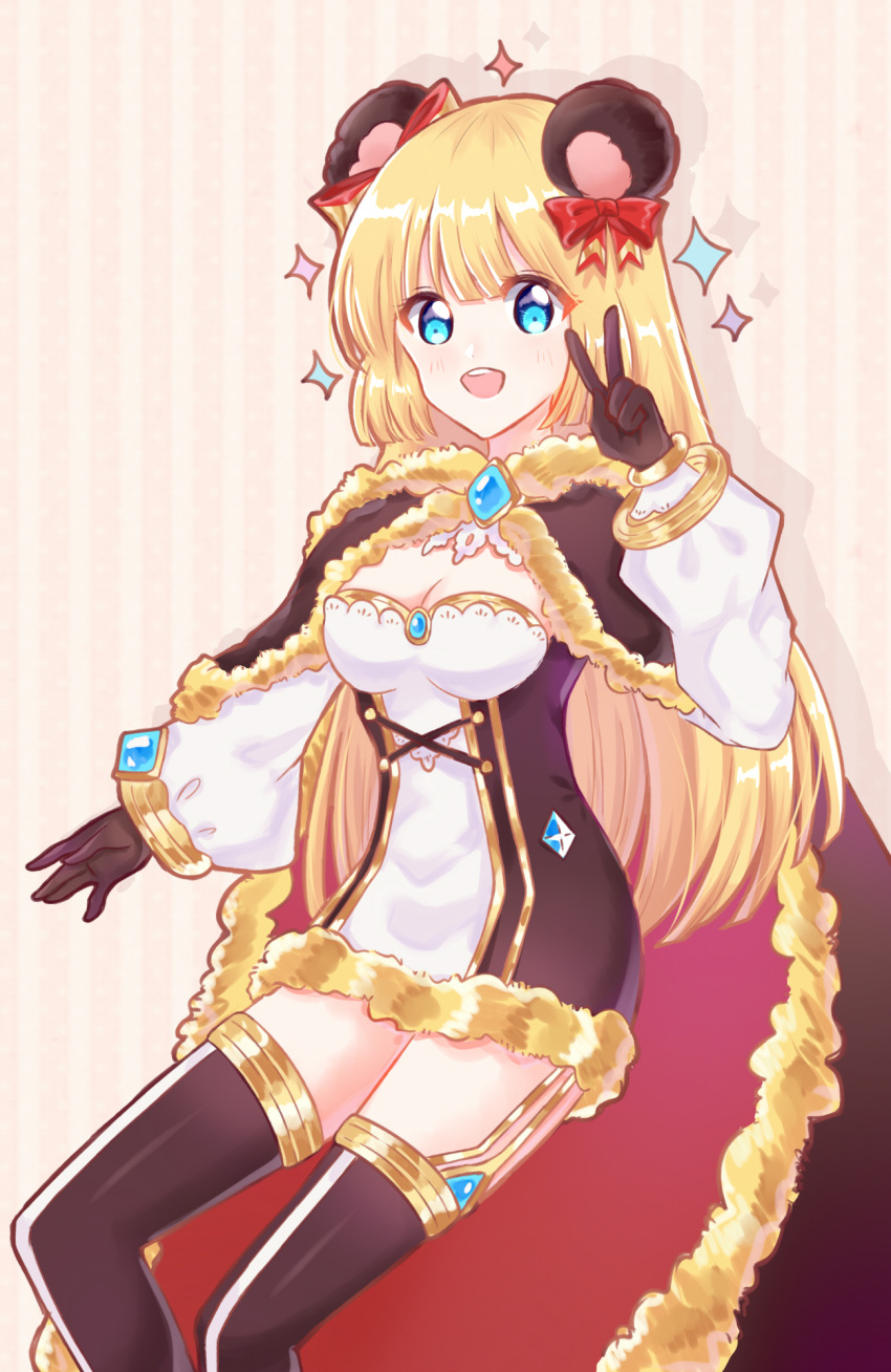 1girl animal_ears bangs bear_ears black_gloves black_legwear blonde_hair blue_eyes blush bow breasts brown_cape brown_dress cape cleavage commentary_request dress drop_shadow feet_out_of_frame fur-trimmed_cape fur-trimmed_dress fur_trim garter_straps gloves gold_trim hair_bow highres light_(luxiao_deng) long_hair long_sleeves looking_at_viewer medium_breasts official_alternate_costume open_mouth ragnarok_online red_bow red_cape short_dress smile solo sparkle strapless strapless_dress striped striped_background thighhighs two-sided_cape two-sided_fabric two-tone_dress two-tone_legwear v vertical_stripes warlock_(ragnarok_online) white_dress yellow_background