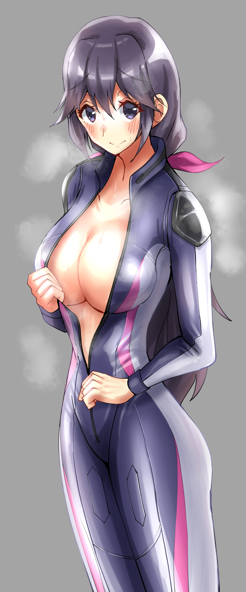 1girl absurdres alternate_costume biker_clothes bikesuit blush bodysuit breasts cleavage commentary_request cowboy_shot eyebrows_visible_through_hair grey_background hair_between_eyes highres kolby large_breasts long_hair looking_at_viewer machikado_mazoku purple_eyes purple_hair simple_background skin_tight smile solo steaming_body unzipped yoshida_seiko