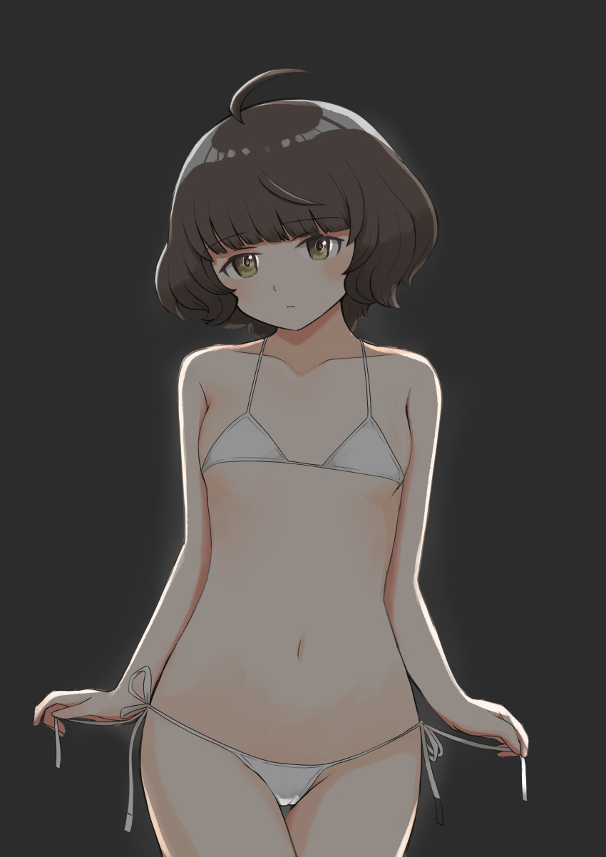 1girl absurdres ahoge bangs bikini black_background blunt_bangs brown_eyes brown_hair cowboy_shot flat_chest highres kantai_collection kishinami_(kancolle) looking_at_viewer short_hair side-tie_bikini solo standing swimsuit toplow wavy_hair white_bikini