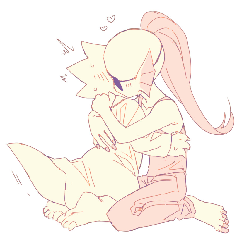 &lt;3 alphys animal_humanoid anthro barefoot biped bottomwear clothing coat duo ear_fins embrace feet female fin fish fish_humanoid hair hi_res hug humanoid kneeling lab_coat marine marine_humanoid monochrome ouse pants ponytail scalie shirt tank_top topwear undertale_(series) undyne