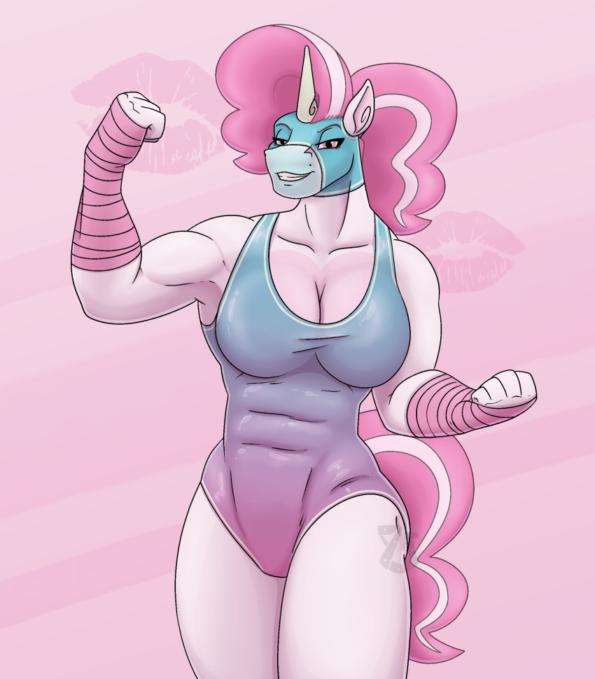 abs absurd_res anthro athletic athletic_anthro athletic_female biceps big_breasts breasts clothed clothing equid equine female hair hand_wraps hi_res horn huniepi mammal mask muscular muscular_anthro muscular_female simple_background solo sports_mask sportswear unibro_pi unicorn unicorn_horn wraps wrestler wrestling_clothing wrestling_mask