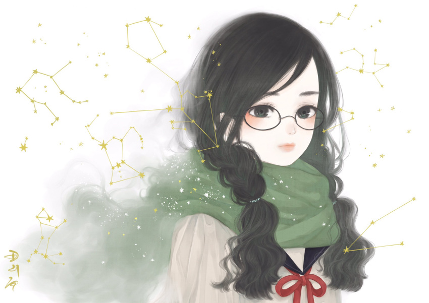 1girl black_eyes black_hair braid closed_mouth commentary_request constellation glasses green_scarf highres long_hair looking_at_viewer low-tied_long_hair neck_ribbon original red_ribbon ribbon sailor_collar scarf shirt signature solo star_(symbol) twin_braids upper_body ushiyama_ame white_background white_shirt