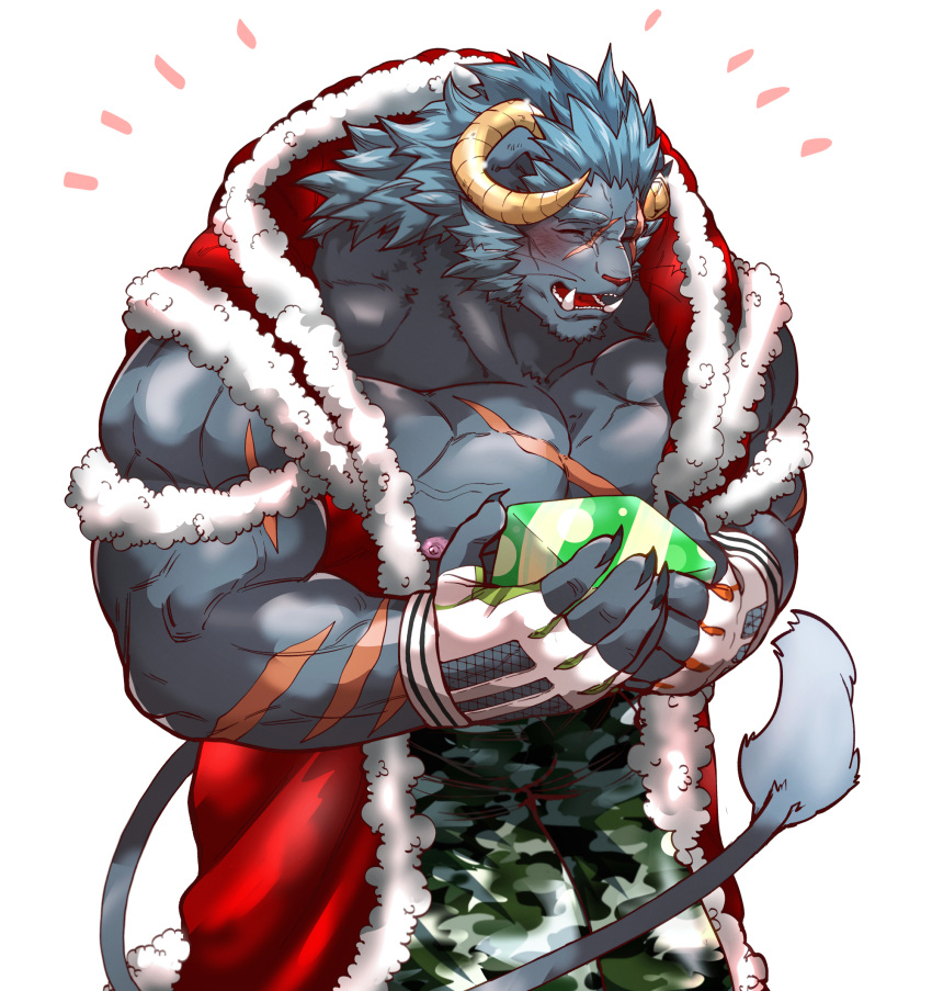 1boy bara bare_pectorals blush camouflage camouflage_pants christmas coat curled_horns demon_tail feet_out_of_frame fur-trimmed_coat fur_trim furry furry_male gift grey_fur highres holding holding_gift horns kizami_nori_to_yamaimo krampus_(housamo) large_pectorals long_sideburns male_focus mature_male medium_hair muscular muscular_male nipples open_clothes open_coat pants pectorals santa_costume scar scar_across_eye scar_on_chest sideburns solo tail thick_eyebrows tokyo_afterschool_summoners tusks