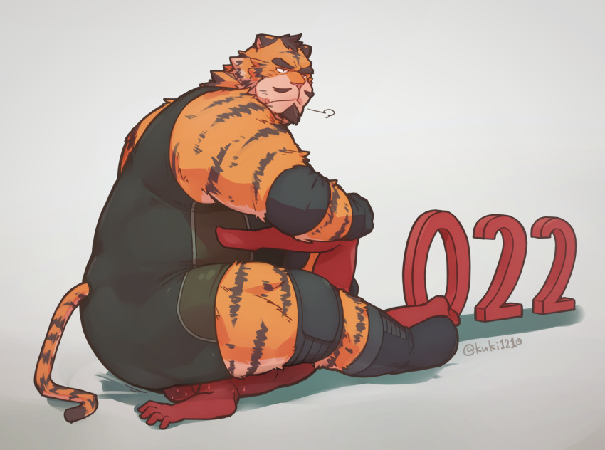 2022 anthro beard belly biped bodily_fluids duo facesitting facial_hair felid kuki1210 male mammal mustache overweight overweight_male pantherine sitting sweat tiger wrestling_singlet