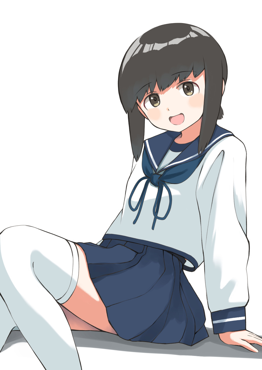1girl absurdres adapted_costume black_hair blue_sailor_collar blue_skirt brown_eyes fubuki_(kancolle) highres kantai_collection long_sleeves looking_at_viewer low_ponytail pleated_skirt ponytail sailor_collar short_hair short_ponytail sidelocks simple_background sitting skirt smile solo thighhighs toplow white_background white_legwear