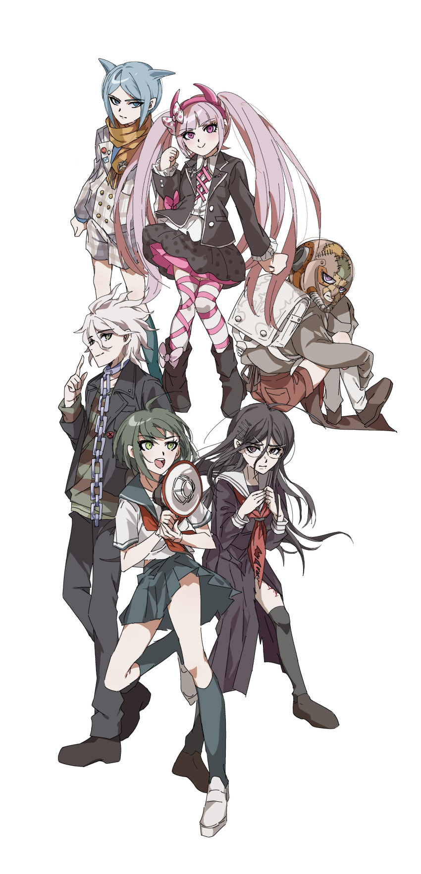 3boys 3girls absurdres bangs black_hair black_jacket black_legwear black_pants black_skirt brown_footwear brown_hair brown_shirt brown_shorts buttons chain danganronpa_(series) danganronpa_another_episode:_ultra_despair_girls double-breasted fukawa_touko glasses grey_background grey_hair hair_ornament hairclip hand_up highres holding holding_megaphone jacket kemuri_jatarou kneehighs komaeda_nagito long_hair looking_at_viewer mask megaphone multiple_boys multiple_girls naegi_komaru neckerchief open_clothes open_jacket orange_scarf over-kneehighs pants pink_hair pink_ribbon red_neckerchief red_shirt ribbon sailor_collar scarf servant_(danganronpa) shingetsu_nagisa shirt shorts simple_background skirt smile striped striped_shirt thighhighs twintails utsugi_kotoko white_legwear white_shirt zetsujo_(mayoilove2)