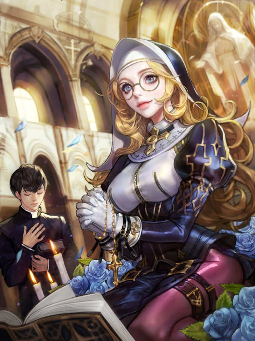 1boy 1girl absurdres black_hair blonde_hair blue_eyes blue_flower blue_rose book candle church closed_eyes cross dress flower from_side furyou_michi_~gang_road~ gang_road_joker glasses habit hand_on_own_chest high_collar highres latin_cross long_hair looking_ahead monable nun pantyhose petals praying priest rose round_eyewear seiza side_slit sitting smile statue thigh_strap wavy_hair