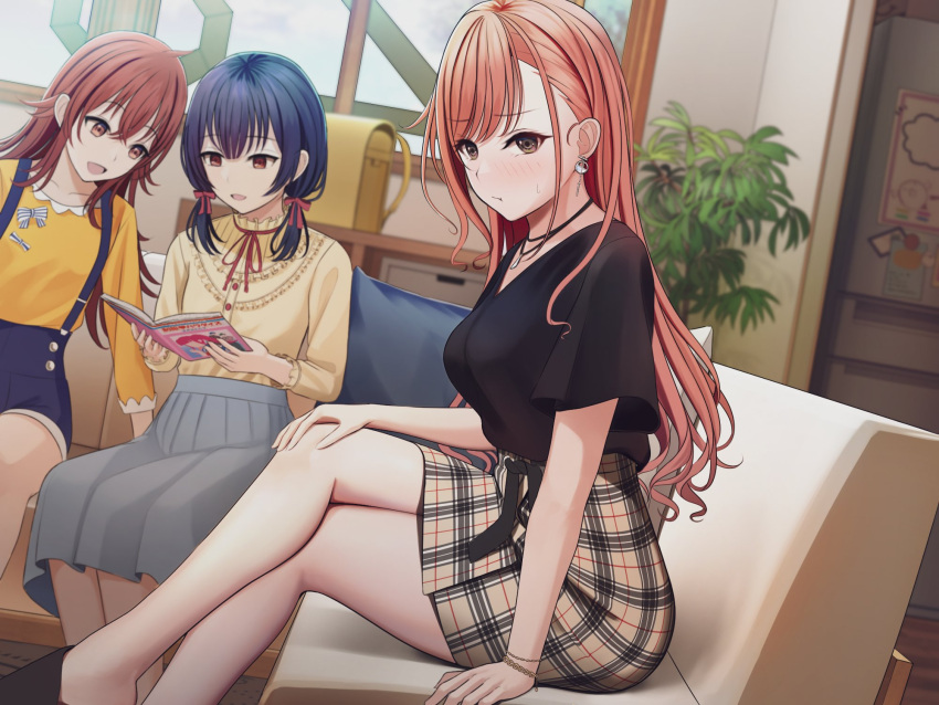 3girls :d :t arisugawa_natsuha backpack bag bag_removed black_eyes black_footwear black_sash black_shirt blue_hair blue_shorts blurry blurry_background blush closed_mouth commentary_request couch crossed_legs depth_of_field earrings grey_skirt hair_ribbon high-waist_skirt highres idolmaster idolmaster_shiny_colors jewelry komiya_kaho legs long_hair looking_at_viewer low_twintails morino_rinze multiple_girls neck_ribbon necklace on_couch pink_hair plant potted_plant pout randoseru red_eyes red_hair red_ribbon ribbon sash shirt shoes short_shorts short_sleeves shorts shy sitting skirt smile suspender_shorts suspenders turisasu twintails yellow_shirt