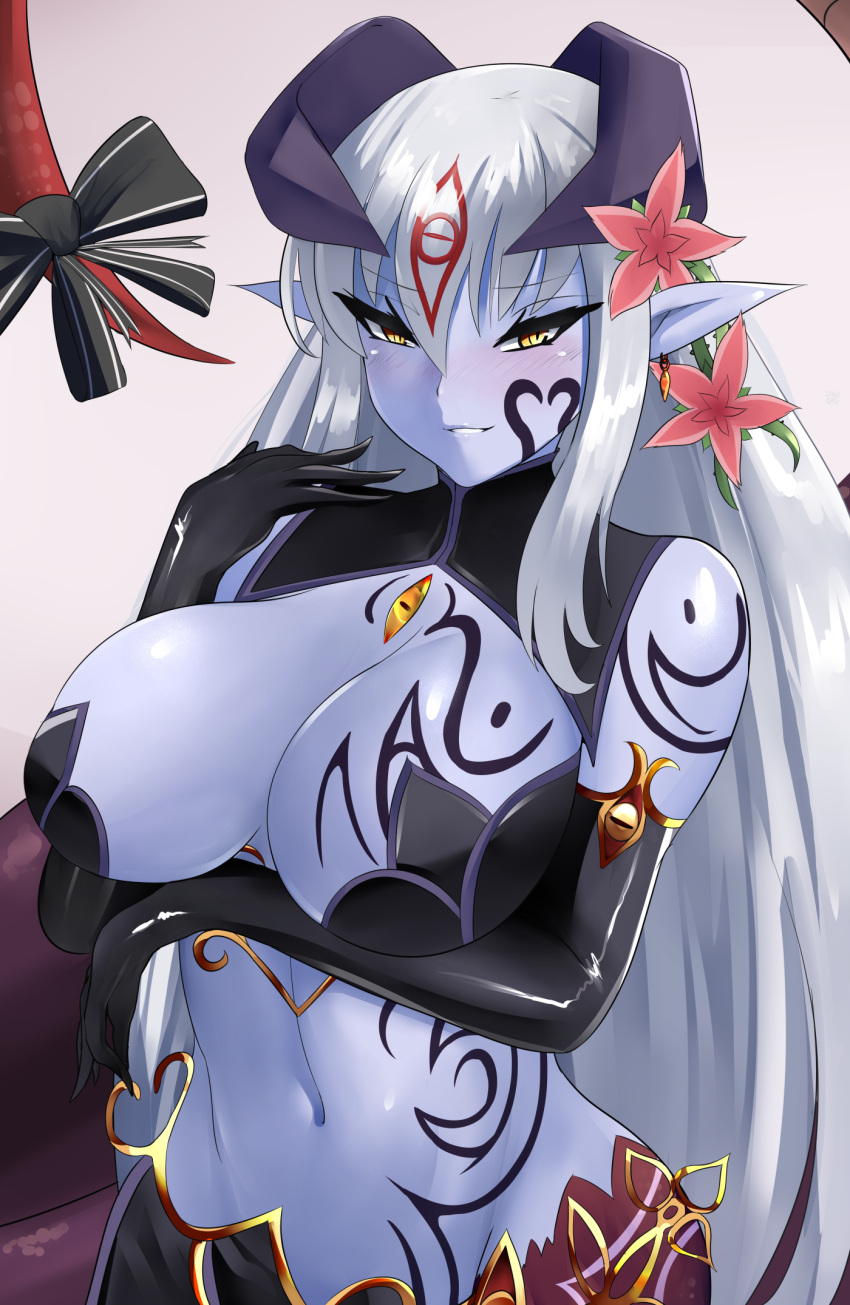 1girl alipheese_fateburn_xvi bare_shoulders black_gloves blue_skin blush bow breast_tattoo breasts colored_skin demon_horns earrings elbow_gloves facial_tattoo flower gloves grey_hair hair_between_eyes hair_flower hair_ornament highres horns jewelry lamia large_breasts long_hair mon-musu_quest! monster_girl navel pointy_ears ringed_eyes sana!rpg sidelocks solo tail tail_bow tail_ornament tattoo yellow_eyes