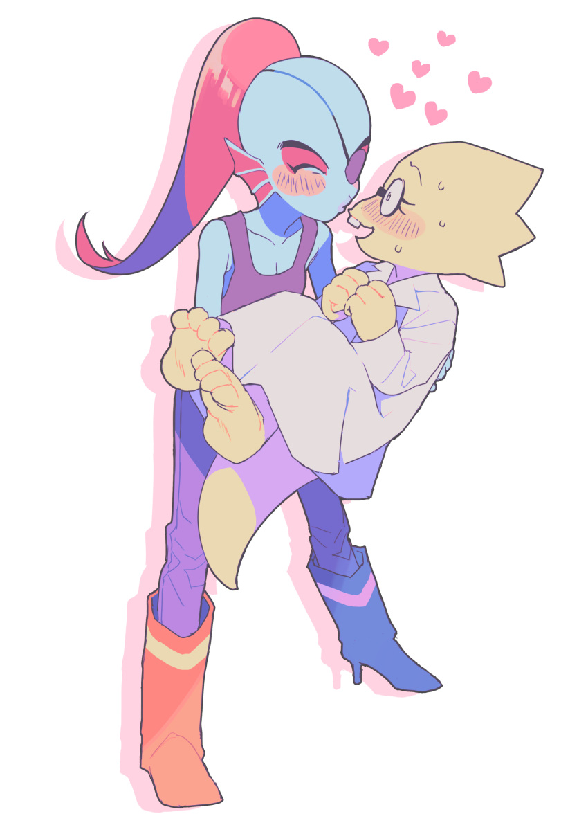 &lt;3 alphys animal_humanoid anthro biped blue_body blue_skin blush boots bottomwear clothing coat duo ear_fins female fin fish fish_humanoid footwear hair hi_res holding_person humanoid kissy_face lab_coat marine marine_humanoid ouse pants red_hair scalie shirt tank_top topwear undertale_(series) undyne