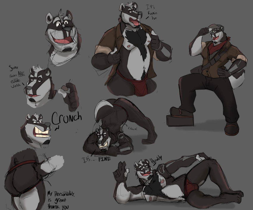 2022 anthro badger black_body black_nose bottomwear bulge butt clothing dippubear english_text hat headgear headwear hi_res humanoid_hands jack-o'_pose jockstrap lying male mammal multiple_poses mustelid musteline nipples pants pose shirt slightly_chubby solo text tongue tongue_out topwear underwear white_body