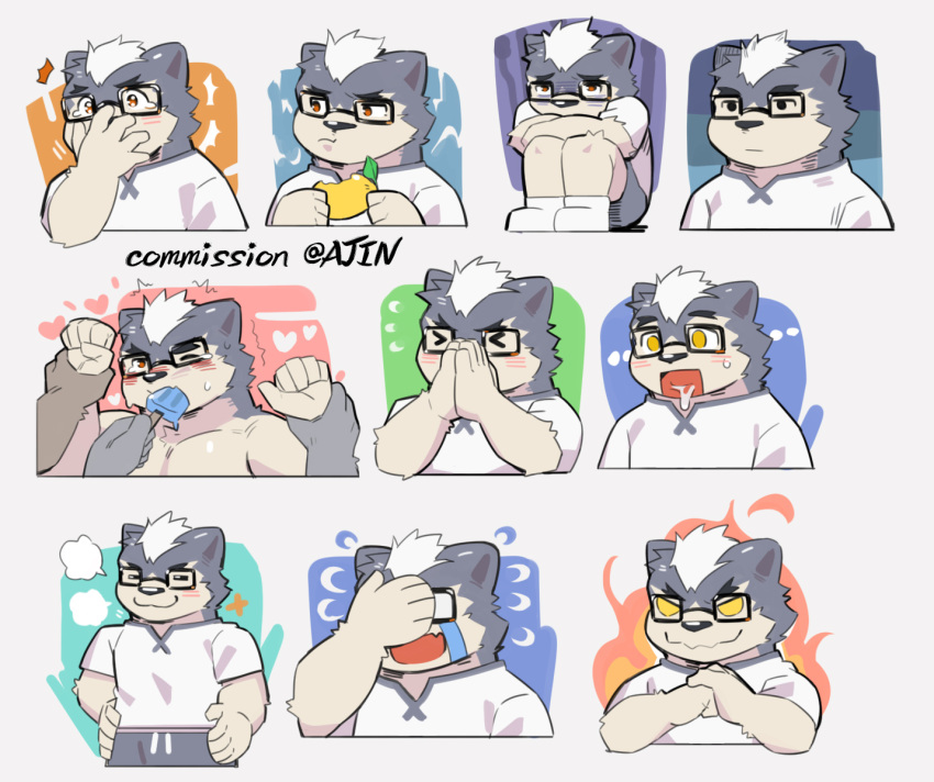 &gt;_&lt; &gt;_o 3boys :3 ajin_(hirainaoto1) animal_ears bara beenic bite_mark black-framed_eyewear blush breath chibi collage commission crying dog_boy dog_ears drooling expressions facepalm feeding fist_in_hand food furry furry_male glasses grey_fur grey_shorts hand_on_own_face holding_another's_wrist ice_cream male_focus mohawk multiple_boys muscular muscular_male one_eye_closed original own_hands_together palms_together pectorals sexually_suggestive shirt short_hair shorts sideburns sparkling_eyes sweatdrop tears trembling white_shirt