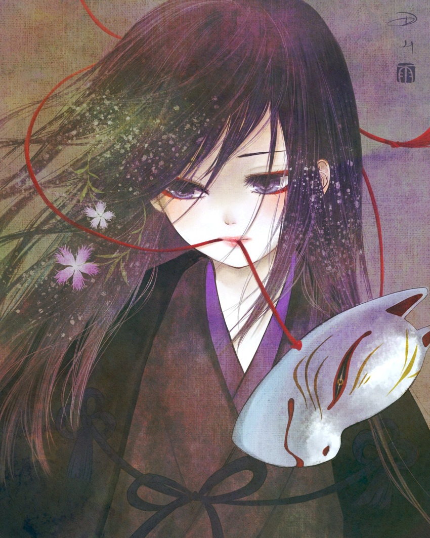 1girl black_hair brown_kimono closed_mouth commentary_request dianthus facing_viewer flower fox_mask hair_over_one_eye haori highres japanese_clothes kimono long_hair looking_to_the_side mask mouth_hold original pink_flower purple_eyes red_eyeliner seal_impression sideways_glance signature solo string tassel texture upper_body ushiyama_ame