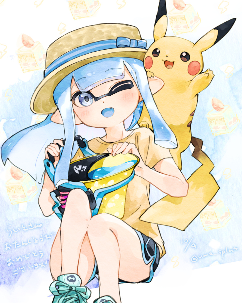 1girl ;d bangs blue_eyes blue_hair blush character_request commentary_request crossover eyebrows_visible_through_hair fang green_footwear hat highres holding long_hair on_shoulder one_eye_closed open_mouth pikachu pointy_ears pokemon pokemon_(creature) pokemon_on_shoulder shirt shoes short_sleeves shorts sidelocks smile splatoon_(series) t-shirt tongue translation_request ume_(plumblossom)