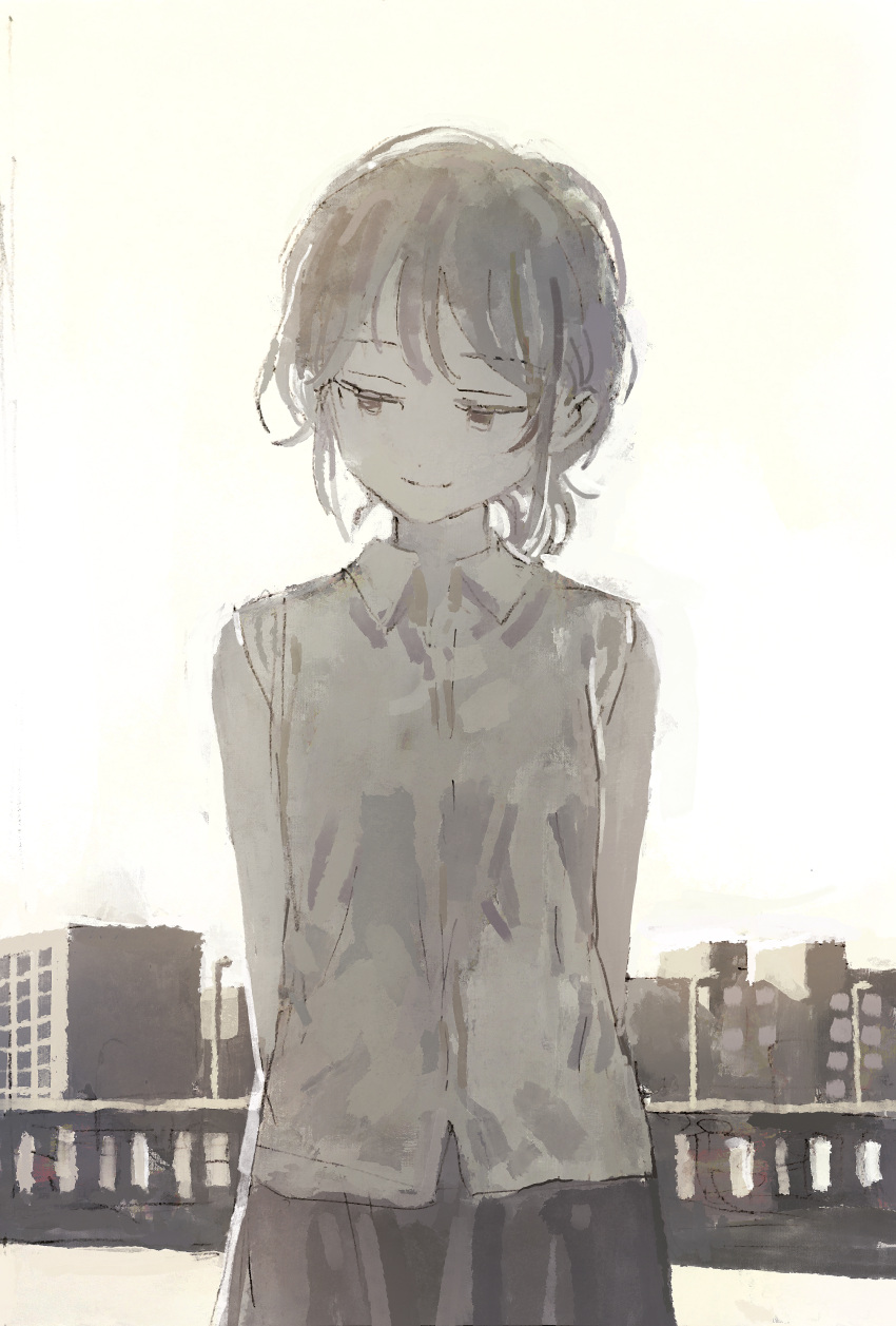 1girl absurdres building city closed_mouth collared_shirt commentary_request eyebrows_visible_through_hair highres limited_palette looking_down muji_(uimss) original outdoors shirt short_hair skirt sleeveless sleeveless_shirt smile solo upper_body
