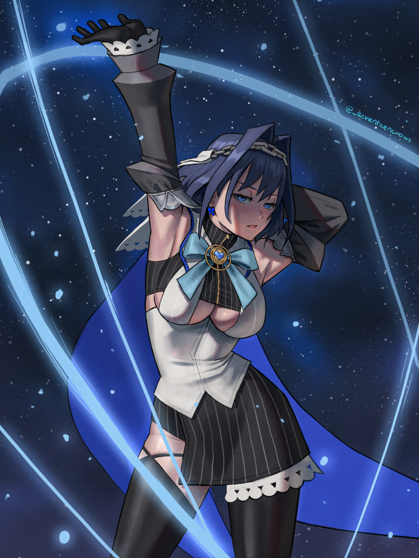 1girl armpits black_gloves black_hair black_skirt black_sleeves black_thighhighs blue_eyes bow bow_earrings breasts chain chain_headband clothing_cutout detached_sleeves earrings gloves highres hololive hololive_english jewelry large_breasts open_mouth ouro_kronii ouro_kronii_(1st_costume) seventeencrows shirt skirt sky solo star_(sky) starry_sky striped_clothes striped_skirt thighhighs underboob_cutout veil vertical-striped_clothes vertical-striped_skirt virtual_youtuber white_shirt