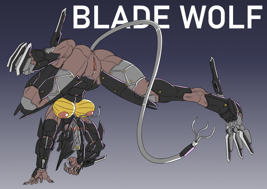 anthro anthrofied anus armor athletic athletic_anthro big_breasts blade_wolf breasts chorsinnell39 claws english_text female flipping genitals glowing glowing_eyes hi_res knife konami machine metal_gear pussy red_eyes robot robot_dog solo text video_games
