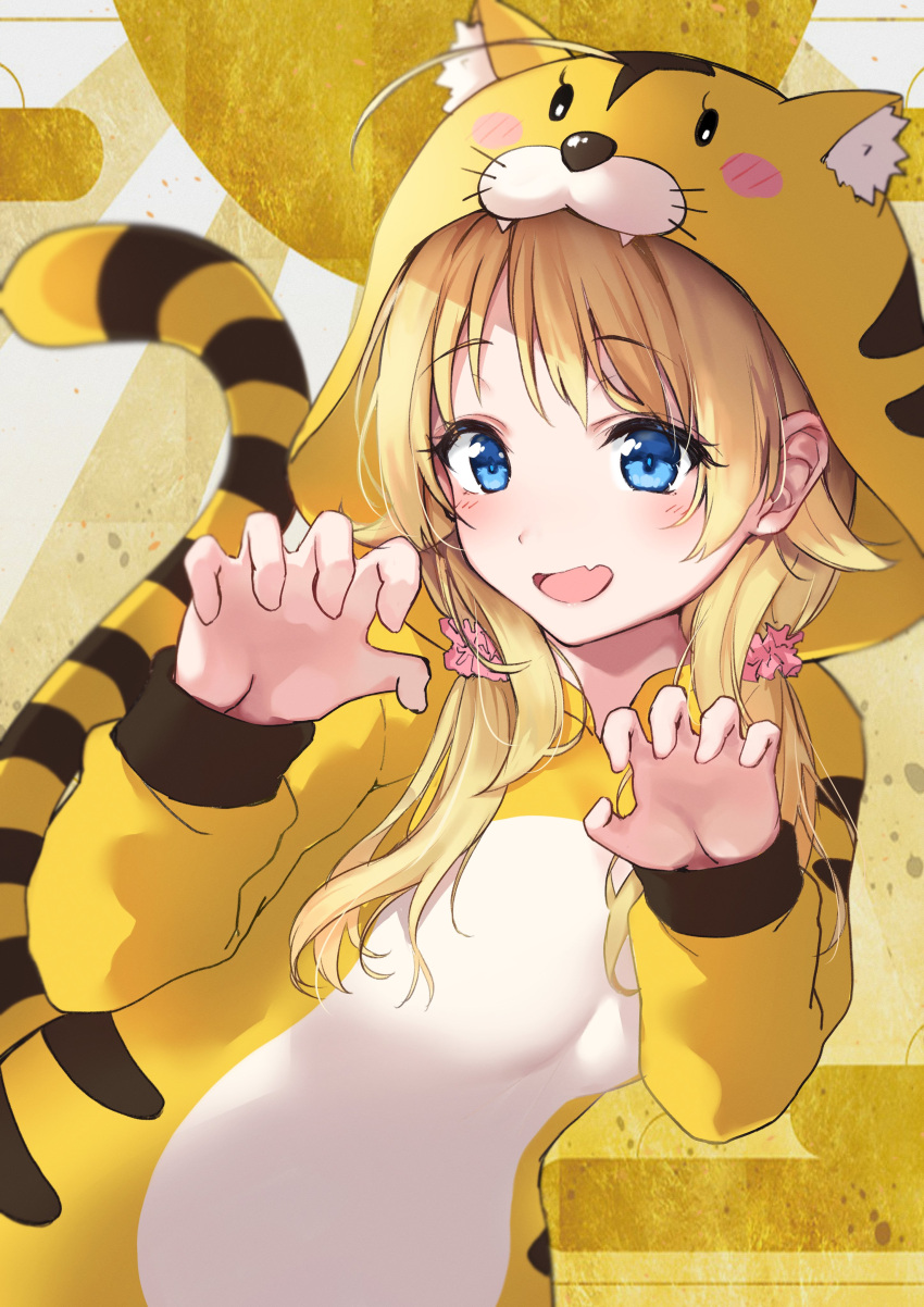 1girl absurdres ahoge animal_costume animal_hood animal_print aqua_eyes blonde_hair blush breasts claw_pose fang hachimiya_meguru hair_ornament hair_scrunchie highres hood idolmaster idolmaster_shiny_colors large_breasts light_smile looking_at_viewer minikon scrunchie skin_fang solo sun_symbol tail tiger_costume tiger_hood tiger_print tiger_tail twintails