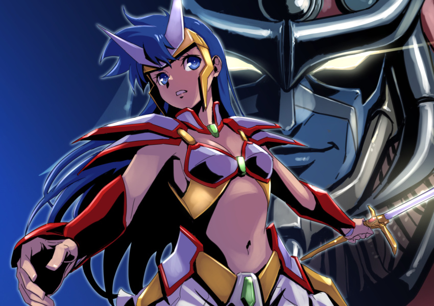 1boy 1girl armor artist_request asou_yuuko bangs bikini_armor blue_eyes blue_hair holding holding_sword holding_weapon long_hair midriff mugen_senshi_valis navel rogles shoulder_armor shoulder_pads skirt stomach sword valis vambraces weapon yazwo