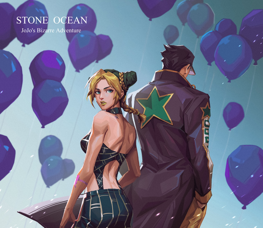 1boy 1girl balloon black_hair blonde_hair braid breasts cdash817 coat double_bun from_behind green_hair hair_cones hat highres jojo_no_kimyou_na_bouken kujo_jolyne kujo_jotaro lipstick makeup multicolored_hair short_hair stone_ocean two-tone_hair