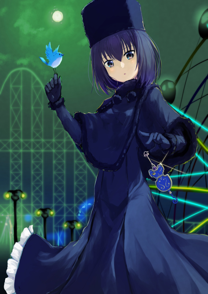 1girl :o amusement_park animal bangs bird bird_on_hand black_capelet black_dress black_eyes black_gloves black_hair black_headwear blue_bird capelet cloud commentary dress eyebrows_visible_through_hair ferris_wheel floating floating_object frills fur-trimmed_capelet fur-trimmed_gloves fur_collar fur_trim gloves hair_between_eyes hat highres kuonji_alice lamppost long_dress long_sleeves looking_at_viewer mahou_tsukai_no_yoru moon night okina_(805197) outdoors roller_coaster short_hair sky