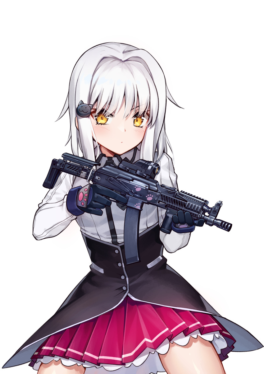 absurdres cat commission gloves gun high_school_dxd highres holding holding_weapon kitten pp-19-01 school_uniform skirt submachine_gun toujou_koneko weapon white_hair