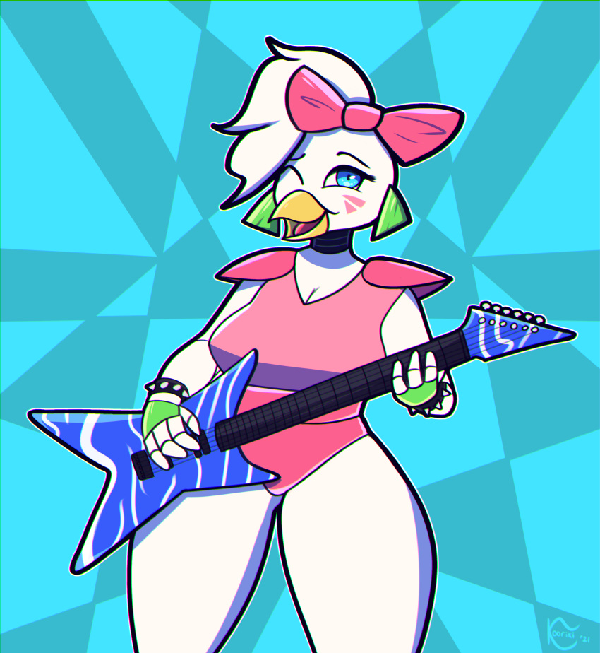 2021 absurd_res accessory anthro avian beak bird blue_eyes chicken chromatic_aberration clothed clothing ear_piercing ear_ring feathers female five_nights_at_freddy's five_nights_at_freddy's:_security_breach galliform gallus_(genus) glamrock_chica_(fnaf) guitar hair_accessory hair_ribbon hi_res kooriki looking_at_viewer machine musical_instrument one_eye_closed phasianid piercing plucked_string_instrument ribbons robot scottgames smile solo string_instrument video_games white_body wink