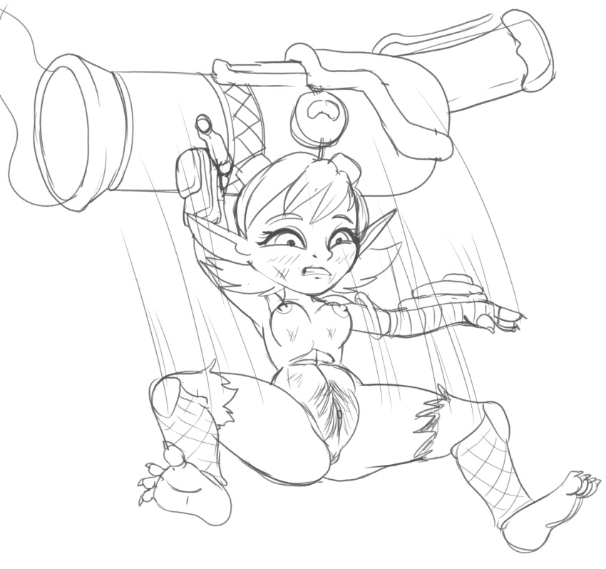 anthro anus cannon clothing embarrassed feet female fours_(artist) genitals hi_res league_of_legends pubes pussy ranged_weapon riot_games short_stack solo torn_clothing tristana_(lol) video_games weapon yordle