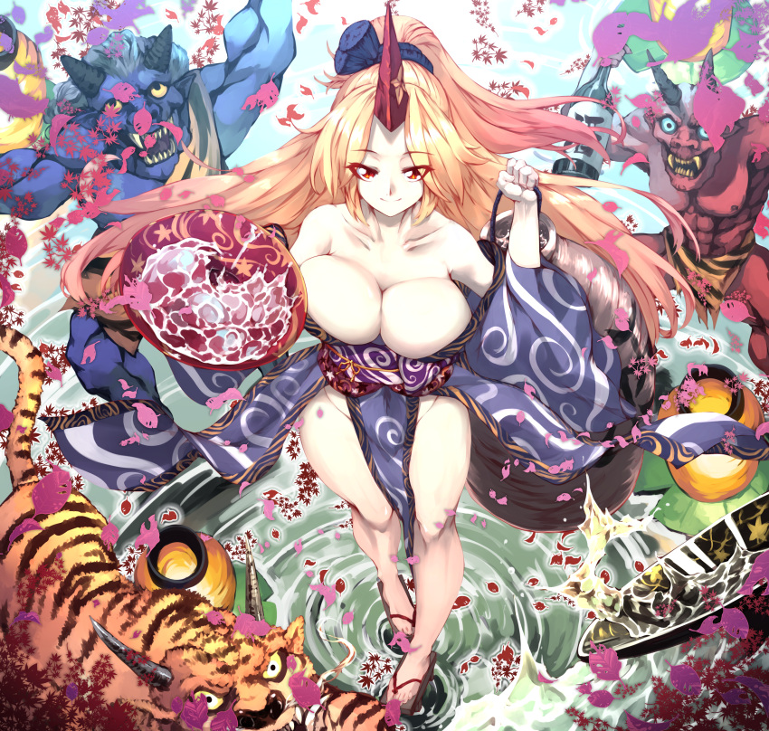 1girl 2others abs absurdres afloat alcohol bangs blonde_hair blue_kimono blue_oni blue_sclera blue_scrunchie blush bottle breasts cleavage closed_mouth collarbone colored_sclera commentary_request cup geta hair_ornament hair_scrunchie high_ponytail highres holding holding_bottle horns hoshiguma_yuugi hoshiguma_yuugi_(promo) japanese_clothes kimono knees lantern large_breasts loincloth long_hair long_sleeves looking_at_viewer multiple_others obi off-shoulder_kimono oni open_mouth pelvic_curtain ponytail red_eyes red_horns red_oni ripples sakazuki sake sandals sash scrunchie sharp_teeth single_horn smile standing sunnysideup teeth thighs tiger touhou water wide_sleeves wine_bottle yellow_sclera