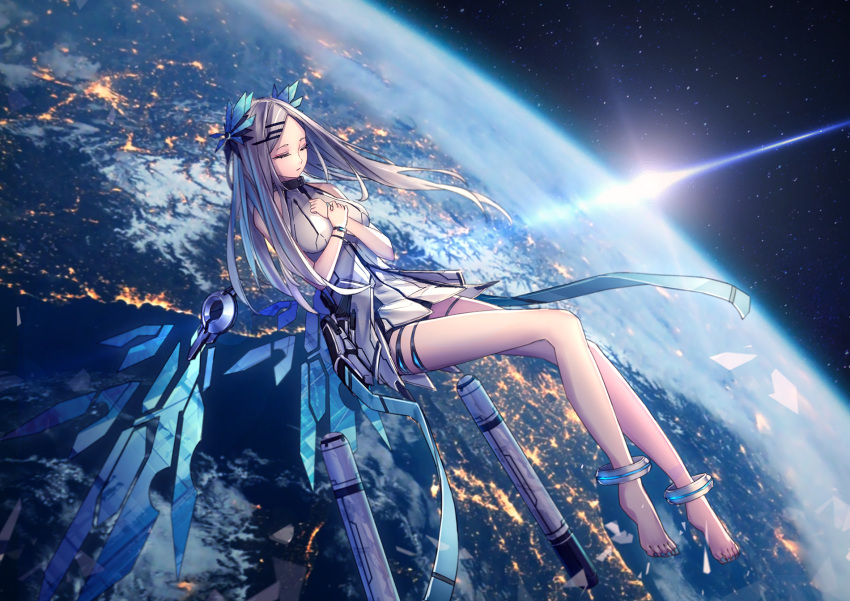 1girl closed_eyes earth_(planet) grey_hair highres long_legs mecha mechanical_parts original own_hands_clasped own_hands_together pale_skin planet satellite satellite_dish silver_hair sky space star_(sky) starry_sky sugi_214 white_hair