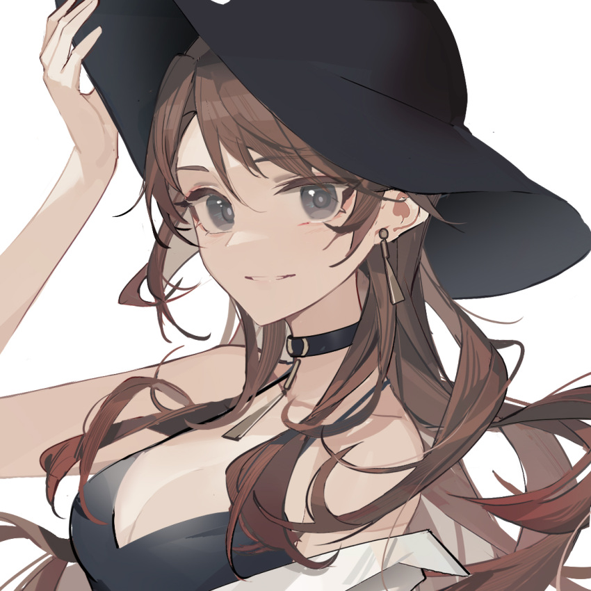 1girl arm_up bangs black_dress black_headwear blush breasts brown_hair choker cleavage commentary commission dress earrings grey_eyes hat jewelry long_hair looking_at_viewer luozhou_pile medium_breasts original pixiv_request portrait revision simple_background smile solo white_background