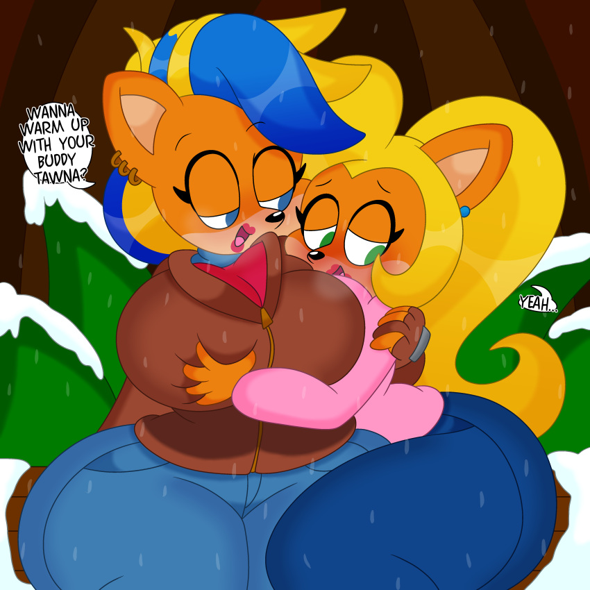 2021 3barts 4k absurd_res activision anthro bandicoot bedroom_eyes big_breasts blonde_hair blue_eyes blue_hair blush bottomwear breast_grab breast_squish breasts clothing coco_bandicoot crash_bandicoot_(series) curvy_figure denim denim_clothing detailed_background dialogue digital_media_(artwork) duo ear_piercing ear_ring embrace english_text eyelashes female female/female fingerless_gloves fingers fur gloves green_eyes hair hand_on_breast handwear hi_res hoodie hourglass_figure hug huge_breasts jeans lips long_hair mammal marsupial multicolored_body multicolored_fur multicolored_hair narrowed_eyes orange_body orange_fur outside pants piercing pirate_tawna ponytail seductive short_hair sitting smile snow snowing squish tan_body tan_fur text thick_thighs tongue topwear two_tone_body two_tone_fur two_tone_hair video_games voluptuous wide_hips winter