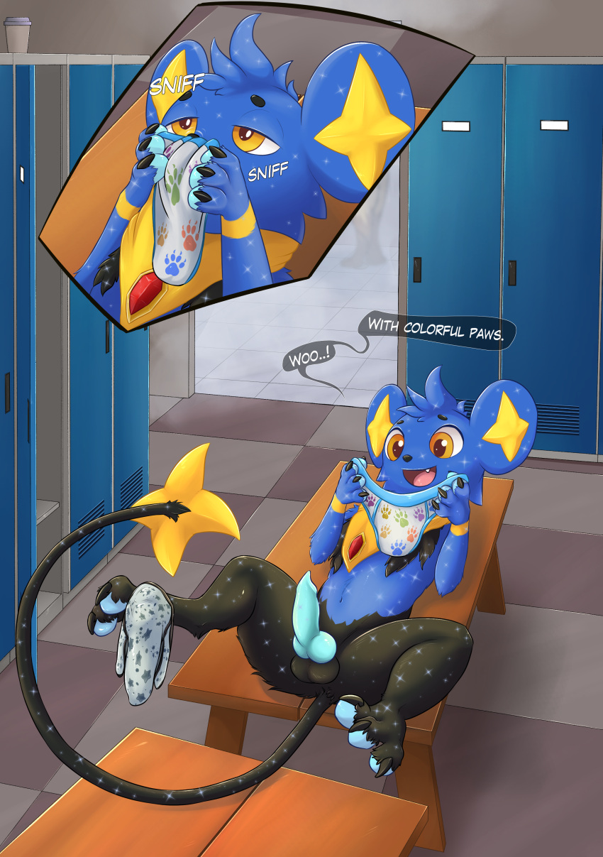 2021 3_toes absurd_res animal_genitalia animal_penis balls blue_body blue_fur blue_penis canine_penis claws clothing cutaway detailed_background dialogue english_text erection feet feral fur genitals hi_res holding_clothing holding_object holding_underwear inside knot locker_room lying male navel nintendo on_back open_mouth penis pok&eacute;mon pok&eacute;mon_(species) shinx skyvo sniffing solo speech_bubble spread_legs spreading star_the_shinx text toes underwear underwear_around_one_leg underwear_sniffing video_games