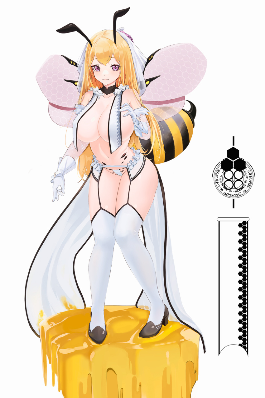 1girl anizi antennae arthropod_girl bangs bare_shoulders bee_girl black_footwear blonde_hair breasts closed_mouth collarbone commentary_request copyright_request dress full_body garter_belt gloves grey_background high_heels highres honey huge_breasts large_breasts leaning_forward long_hair looking_at_viewer monster_girl navel original simple_background standing thighhighs wedding_dress white_gloves white_legwear wings