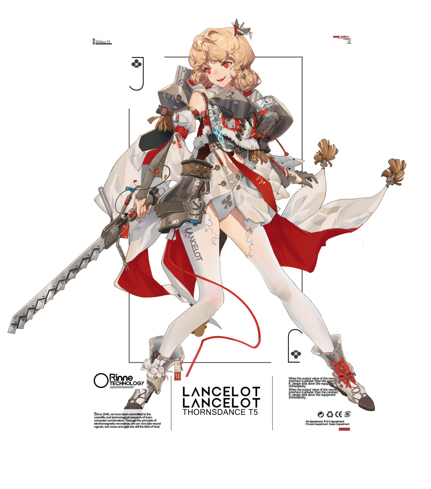 1girl absurdres blonde_hair bow brown_sleeves clothing_cutout commentary detached_sleeves english_text eyebrows_visible_through_hair fur_trim highres hip_armor holding holding_weapon ibara_dance long_sleeves medium_hair navel original parted_lips red_bow red_eyes simple_background slit_pupils smile solo stomach_cutout teardrop_facial_mark teeth thighhighs upper_teeth v-shaped_eyebrows weapon white_background white_footwear white_legwear white_sleeves