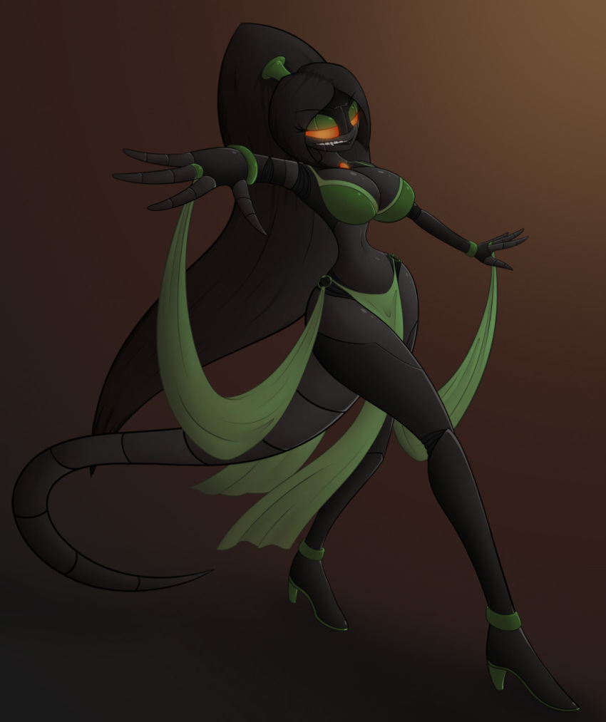 anthro belly_dancer belly_dancer_outfit big_breasts breasts chaos_croc dancing female glowing glowing_eyes hi_res high_heels lizard long_legs machine reptile robot scalie seductive sinister solo villainous xyotic