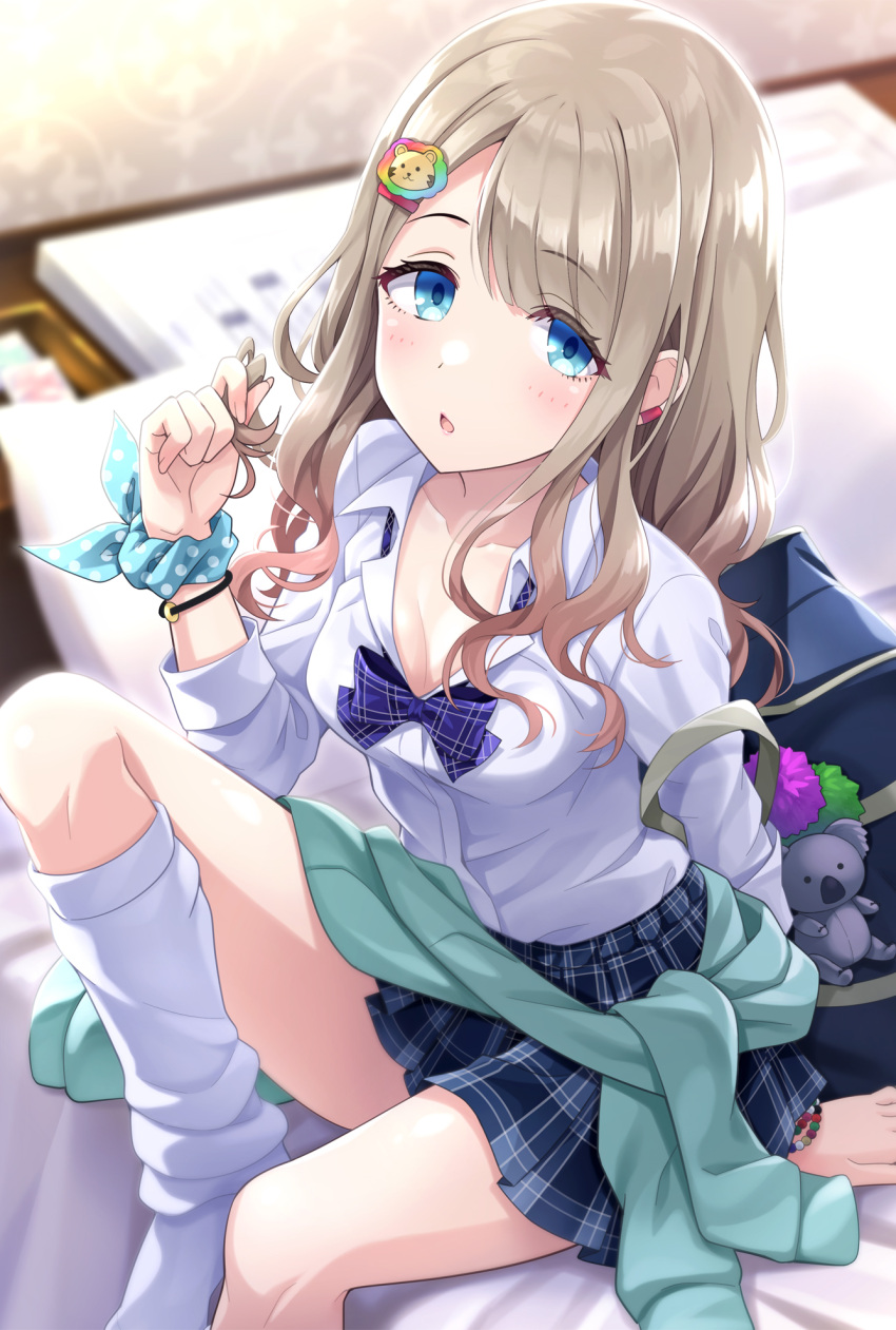 1girl bag bag_charm bangs bed blue_eyes blue_skirt blurry blurry_background bow breasts brown_hair charm_(object) cleavage collared_shirt commentary_request depth_of_field dress_shirt eyebrows_visible_through_hair feet_out_of_frame highres idolmaster idolmaster_shiny_colors indoors kneehighs long_hair looking_at_viewer loose_socks medium_breasts no_shoes on_bed parted_lips plaid plaid_bow plaid_skirt pleated_skirt purple_bow school_bag school_uniform serizawa_asahi shirt sitting sitting_on_bed skirt solo urabi_(tomatohouse) white_legwear white_shirt
