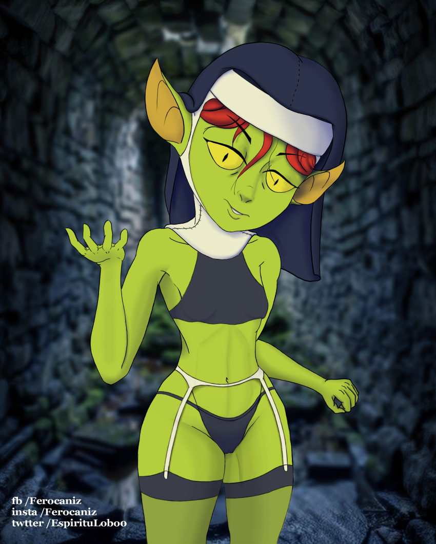 absurd_res clothed clothing female ferocaniz garter_belt garter_straps goblin green_body green_skin hair hi_res humanoid legwear not_furry nun partially_clothed red_hair solo stockings underwear