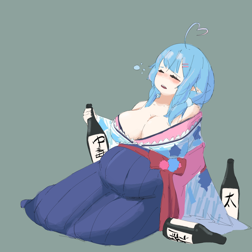1girl ^_^ absurdres ahoge belly blue_kimono blue_skirt blush bottle breasts cleavage closed_eyes collarbone drawfag fat green_background hair_behind_ear hakama hakama_skirt heart_hair highres holding holding_bottle hololive japanese_clothes kimono large_breasts official_alternate_costume open_mouth pointy_ears sitting sketch skirt solo virtual_youtuber yukihana_lamy