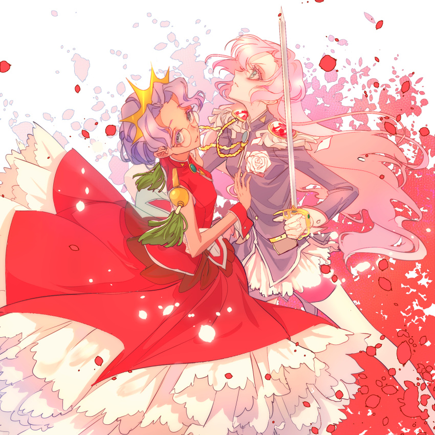 2girls aiguillette aqua_eyes colored_eyelashes crown dress epaulettes flower from_side glasses gown hand_on_another's_chest highres himemiya_anthy holding holding_sword holding_weapon long_hair looking_up multiple_girls pink_hair profile purple_hair rapier red_dress rose short_hair shorts shoujo_kakumei_utena sleeveless sleeveless_dress sword sword_of_dios tenjou_utena tiara uniform very_long_hair weapon white_flower white_rose wrist_cuffs yelsh