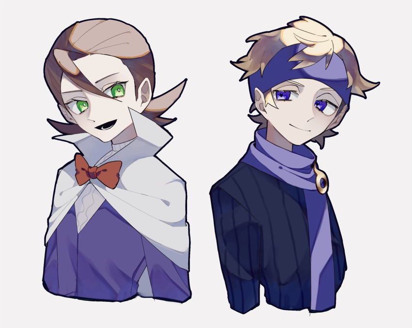 2boys bangs black_sweater blonde_hair bow bowtie bright_pupils brown_hair cape closed_mouth commentary_request eusine_(pokemon) flipped_hair green_eyes hair_between_eyes headband highres jacket lower_teeth male_focus medium_hair morty_(pokemon) multiple_boys nino06aster open_mouth pokemon pokemon_(game) pokemon_hgss purple_eyes purple_headband purple_jacket purple_scarf scarf shirt short_hair smile sweater teeth upper_body white_cape white_pupils white_shirt
