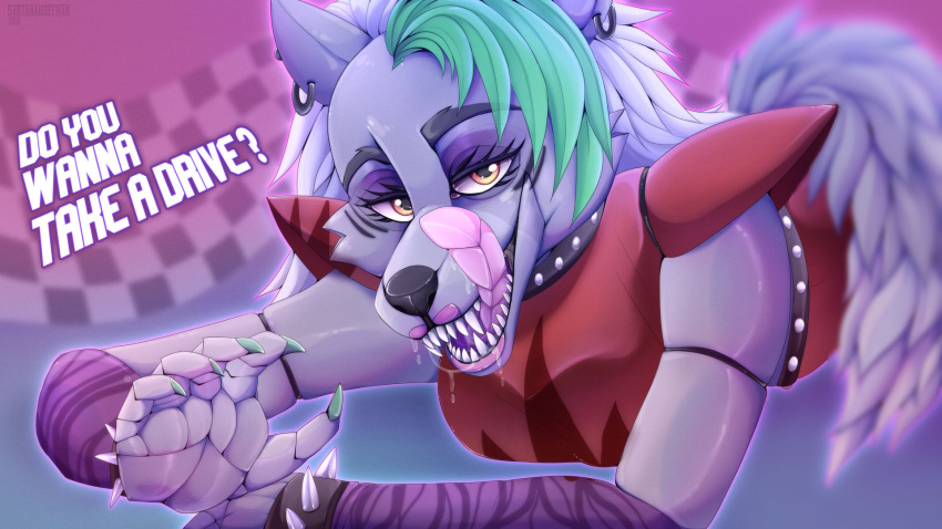 animatronic anthro bodily_fluids canid canine canis female five_nights_at_freddy's five_nights_at_freddy's:_security_breach green_hair hair hi_res machine mammal robot roxanne_wolf_(fnaf) saliva saliva_string santanahoffman scottgames solo tongue tongue_out video_games wallpaper widescreen wolf