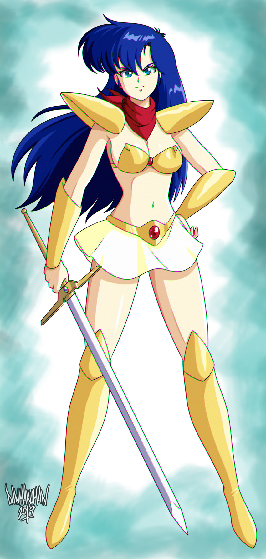 1girl absurdres armor asou_yuuko bangs bikini bikini_armor blue_eyes blue_hair boots breasts cleavage closed_mouth commentary danmakuman eyelashes full_body gem gold_armor highres holding holding_sword holding_weapon knee_boots long_hair looking_at_viewer medium_breasts midriff miniskirt mugen_senshi_valis navel red_bandana red_scarf scarf shoulder_pads skirt smile solo standing stomach swimsuit sword valis video_game weapon white_skirt